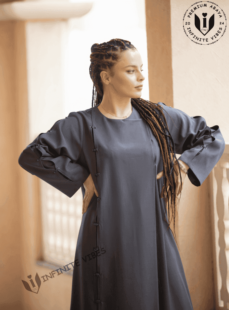 Modern Minimalism: Overlapped Grey Abaya in Japanese Cotton with Sheila - INFINITE VIBES 